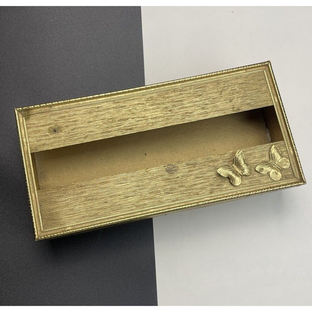 VTG Brass Tissue Box Holder Gold Tone Butterfly Detail MCM Metal Rectangular